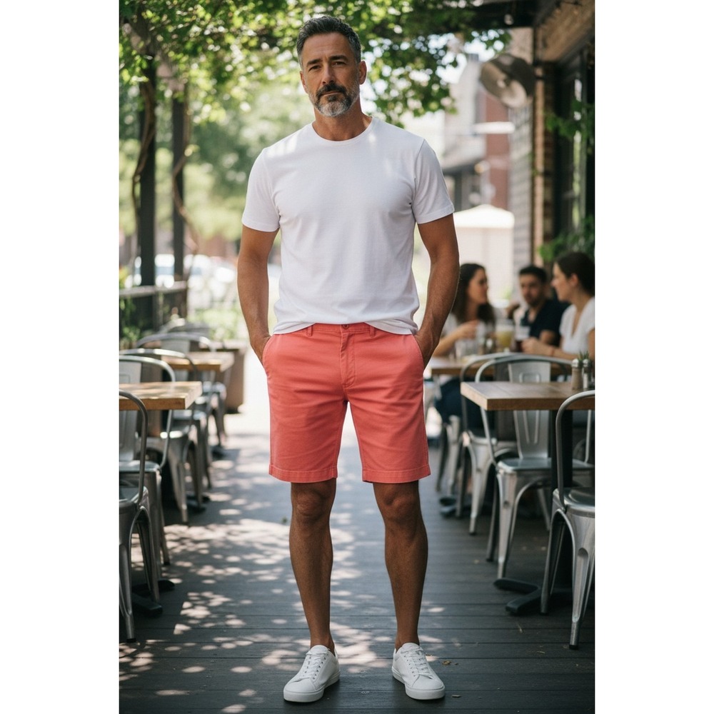 Cremieux Chino Short Coral Pink Cotton Stretch Flat Front Size 34 w/ 7.5" Inseam